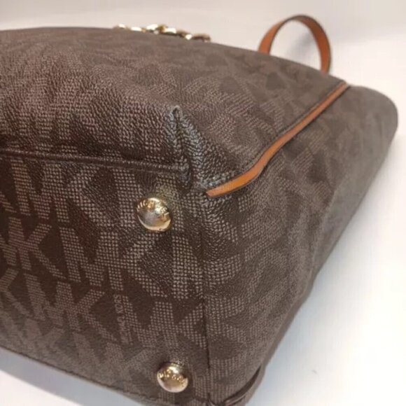 Michael Kors Handbag Brown Signature Harper Large Tote Logo Gold Chain East West - Picture 10 of 15